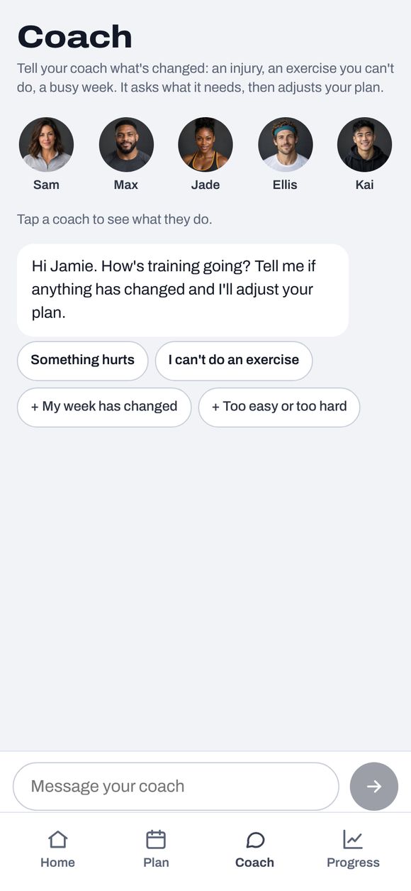 Coach screen with the five coaches and quick replies such as Something hurts