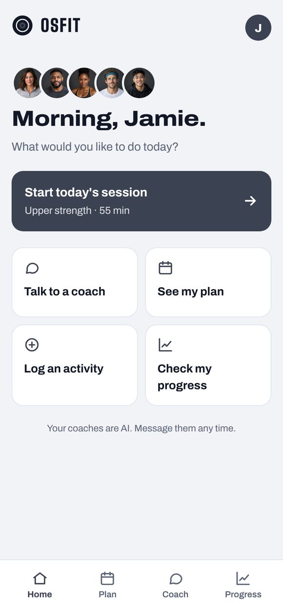 OSFIT Home screen: the five coaches, Morning, Jamie, a Start today's session button and tiles for coach, plan, activity and progress