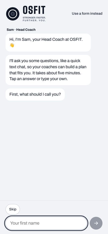 Onboarding chat: Sam, Head Coach, asks what to call you